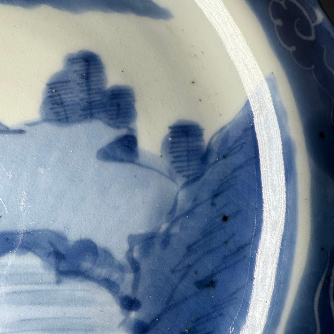 古伊万里　染付風景画輪花皿　十枚　墨弾き　ケーキ皿　デザート皿　古民家カフェ