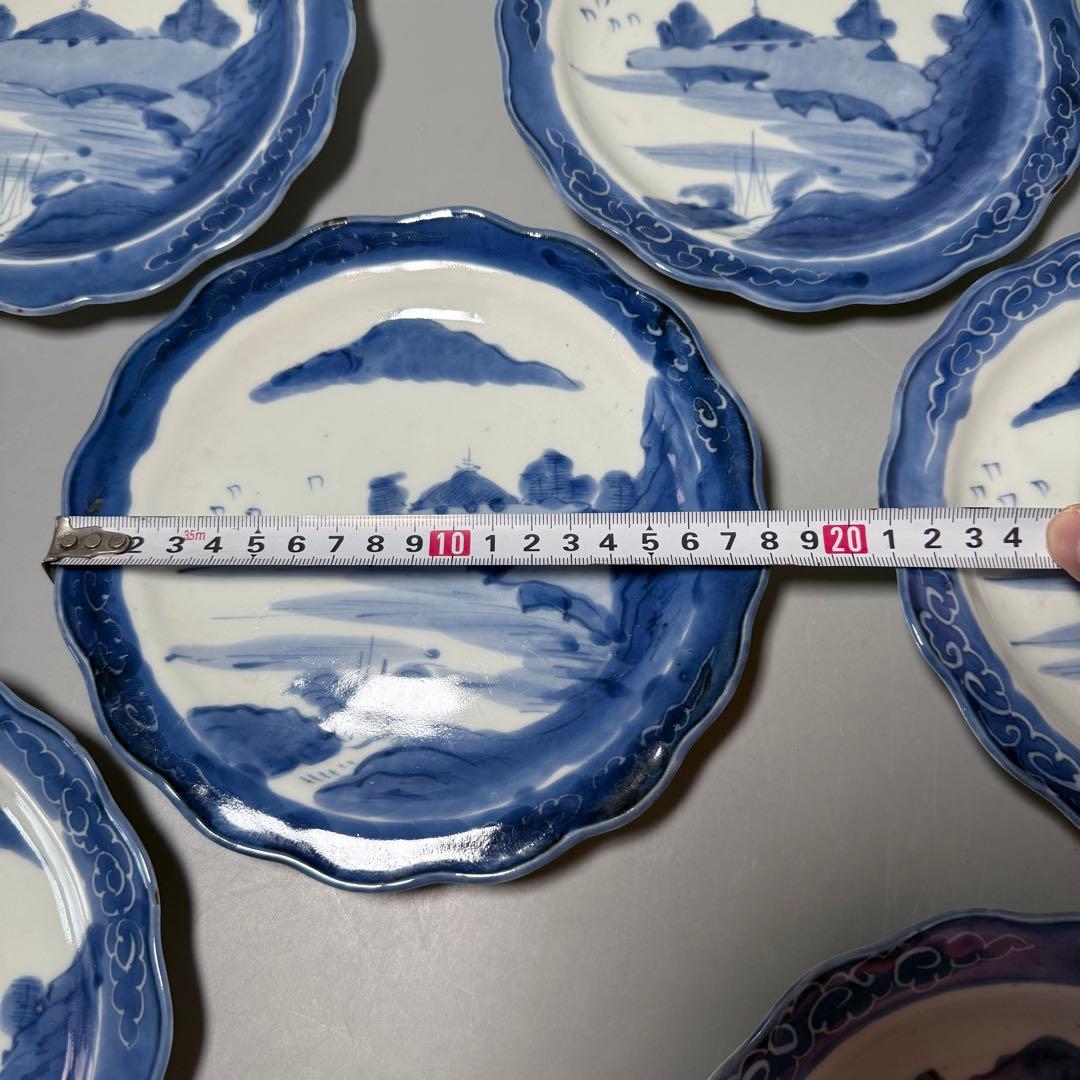 古伊万里　染付風景画輪花皿　十枚　墨弾き　ケーキ皿　デザート皿　古民家カフェ