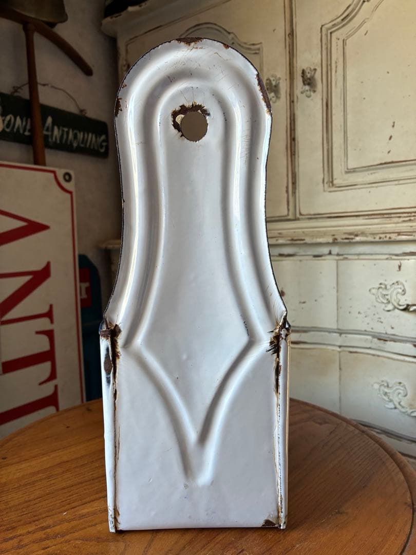 フランス　アンティーク　ホーロー　壁掛け　ブラシホルダー　ホワイト　小物収納レア