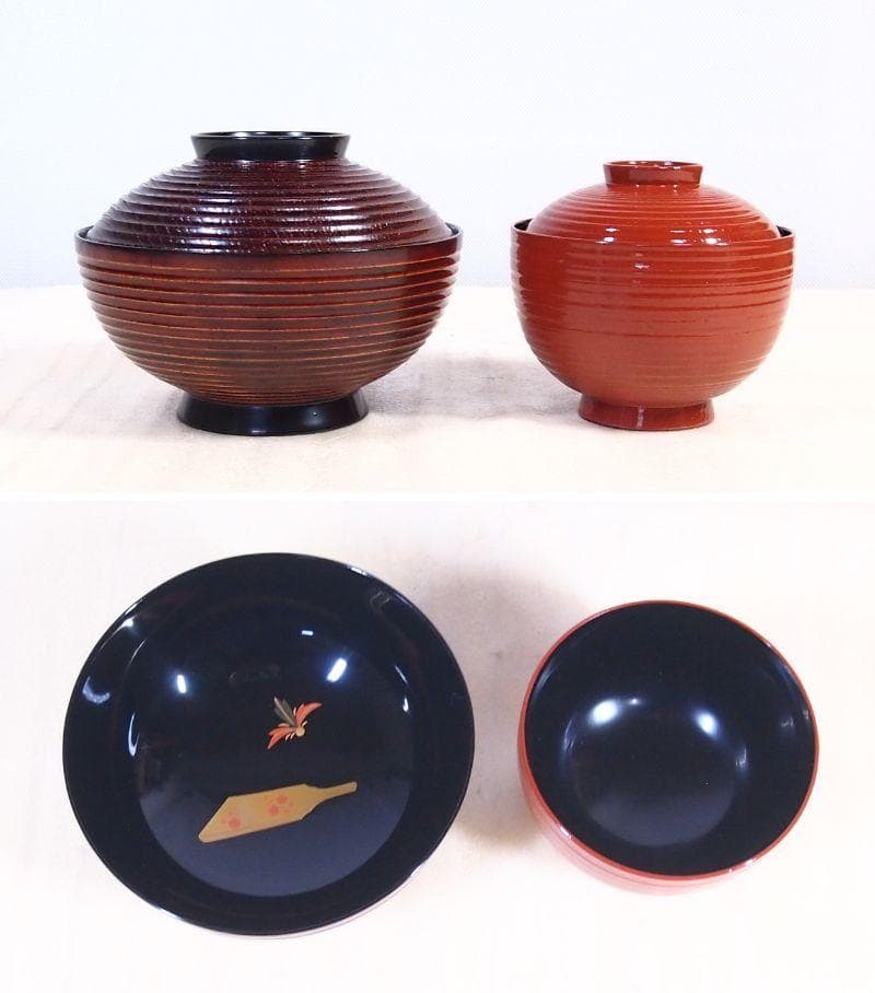 【未使用】輪島塗 童蒔絵 煮物椀 5客 千筋木地呂塗 雑煮椀/大椀 信斎/松斎