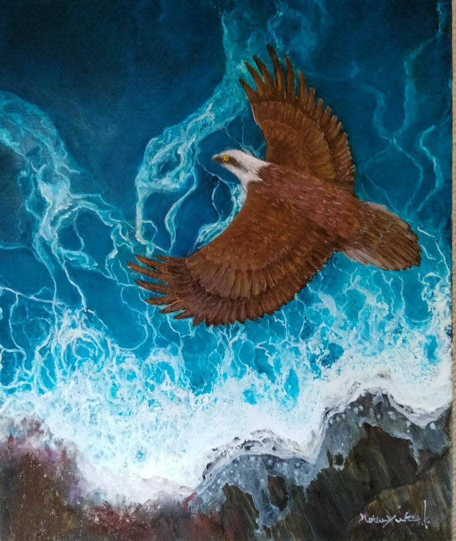 油絵　飛翔・波打ちぎわ（ミサゴ）F8　洋画家・池畠史幸　新作真筆画