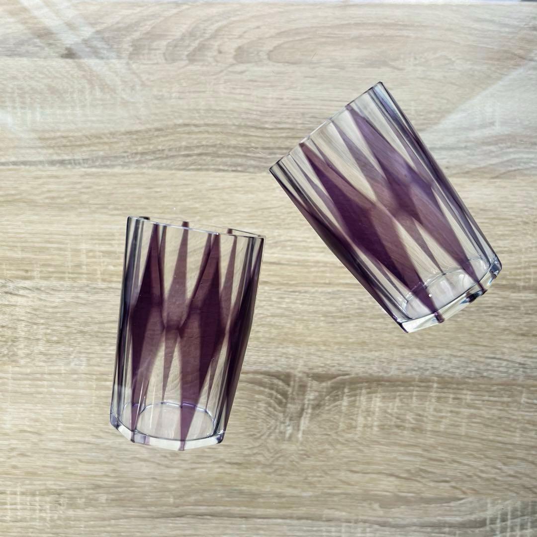 骨董　時代ガラス　紫色被せダイヤ綴り　大正浪漫　モダン切子　コップ　ウラン ２客