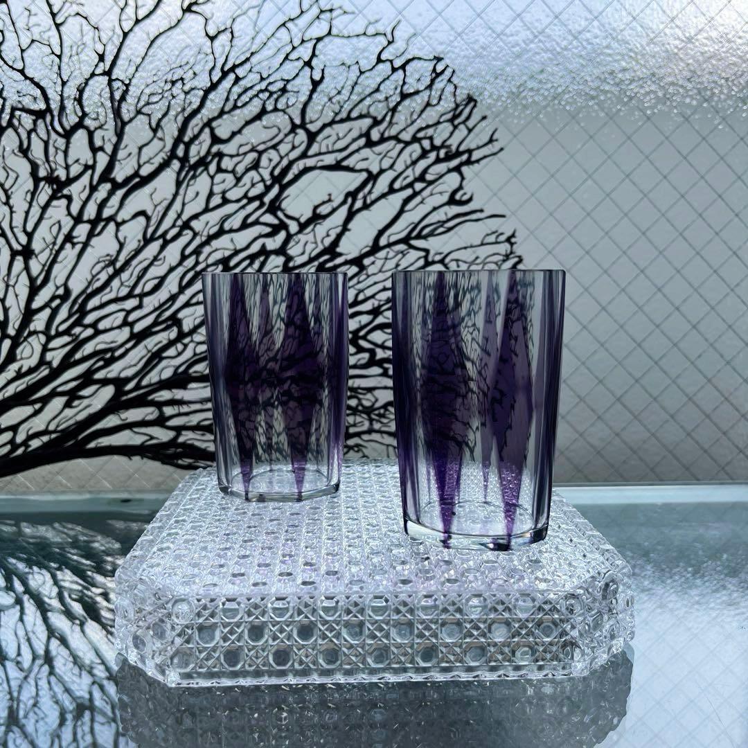 骨董　時代ガラス　紫色被せダイヤ綴り　大正浪漫　モダン切子　コップ　ウラン ２客