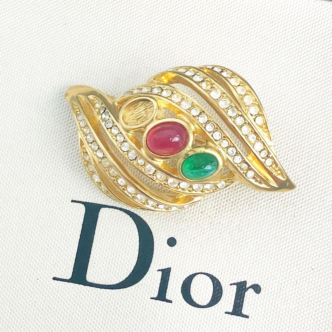 美品✨クリスチャンディオール　ブローチ　カラーストーン　ラインストーン　ゴールド