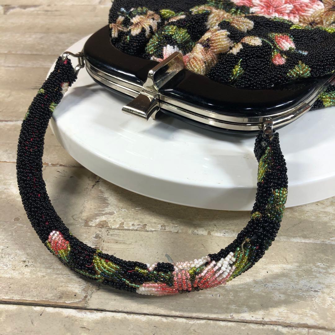 昭和ロマン　がま口　花柄刺繍 ビーズハンドバッグ 黒
