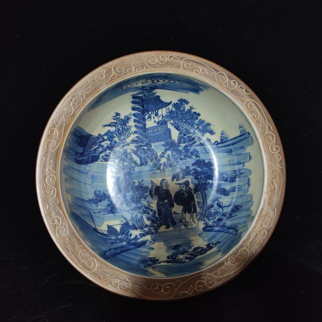 時代物　旧蔵　清国　大型　青花瓷 山水人物図　お皿　陶器　置物