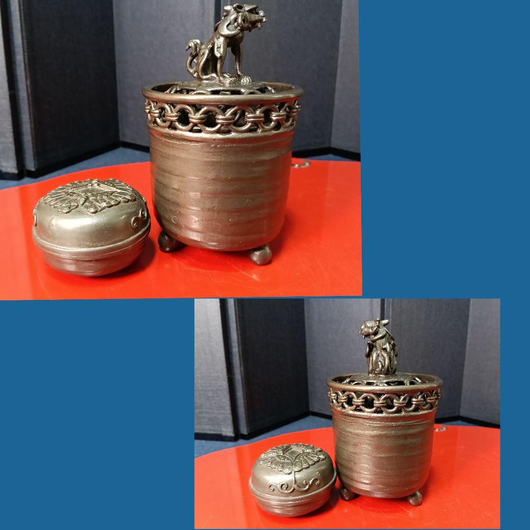 AO17 須賀月芳 香立 香合 共箱 栞 各共布 高岡銅器 二点揃 鋳銅製