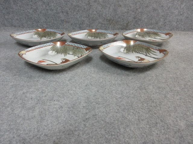 九谷焼 色絵 菱形皿 5枚 [B23055] 月夜鵜飼 小皿 古玩 古美術