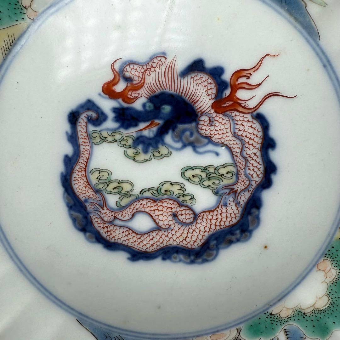 江戸時代　柿右衛門　錦　龍図花鳥絵菊花形皿　五点　博物館級　古美術　古伊万里