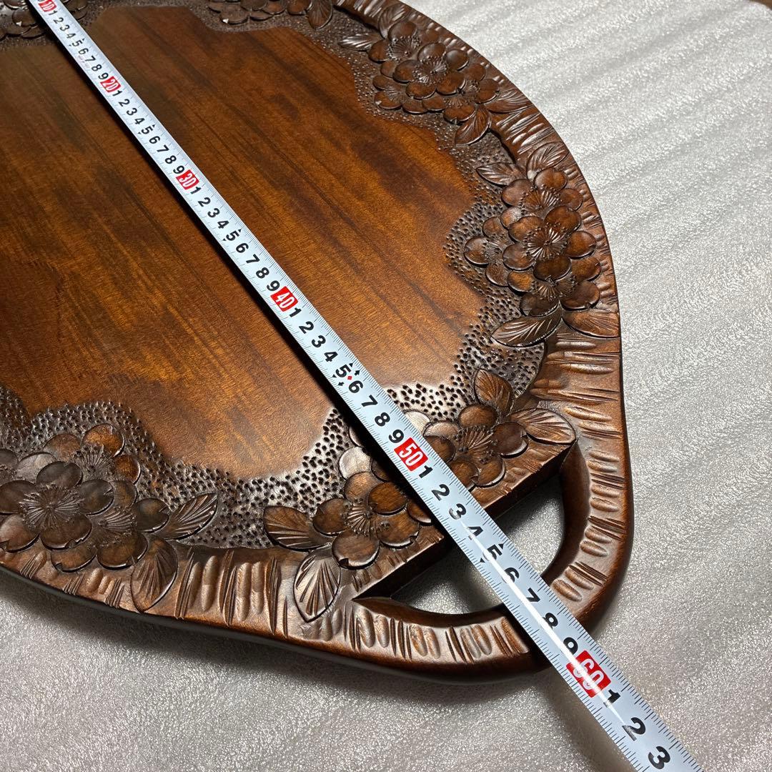 軽井沢彫　手付き盆　桜彫刻