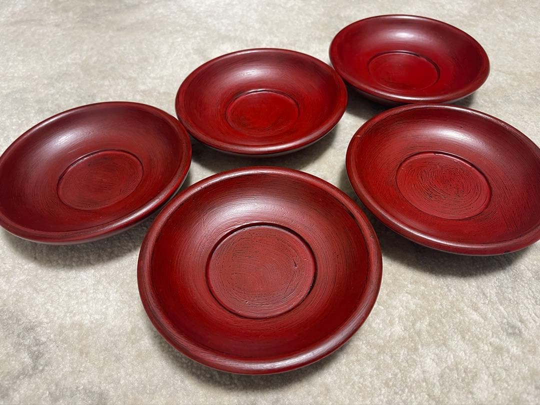【レア】山岸厚夫　赤色漆器 茶托5枚セット