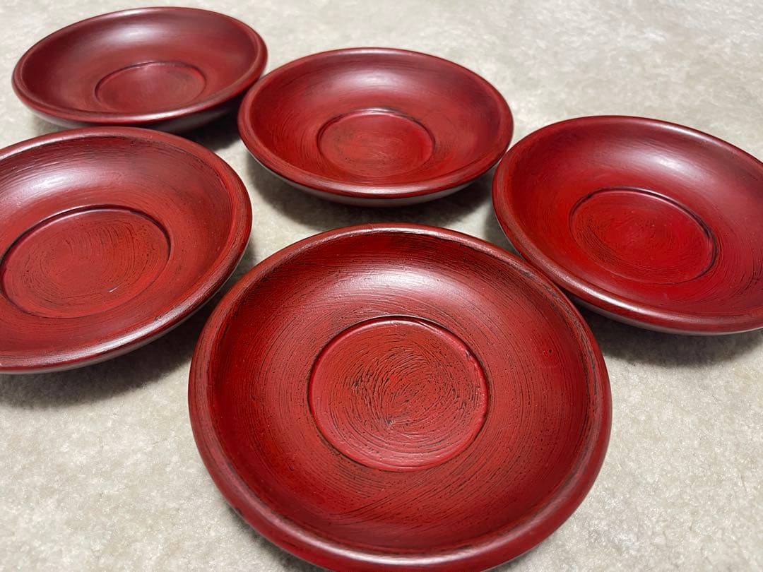 【レア】山岸厚夫　赤色漆器 茶托5枚セット