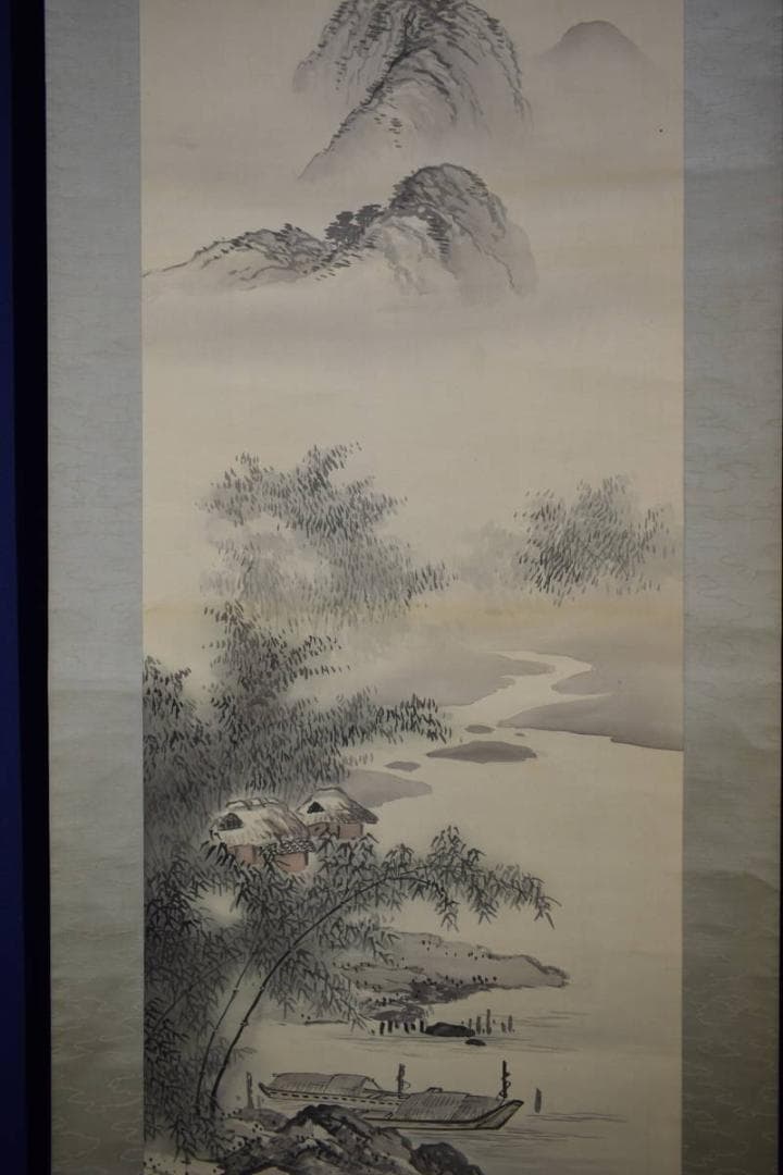 真作/石野龍山/山水屋形舟図/絹表装/双幅/布袋屋掛軸HH-877