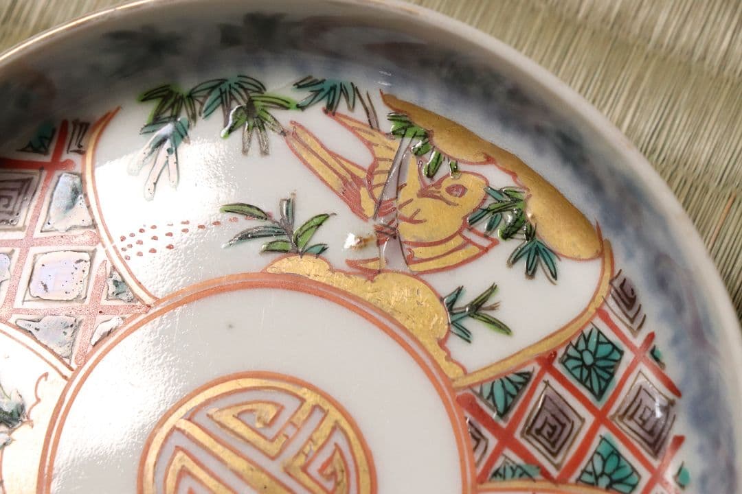 【CM19】古伊万里 竹鳥図 色絵 小皿 五客 11.9cm 小紋 錦手 金彩