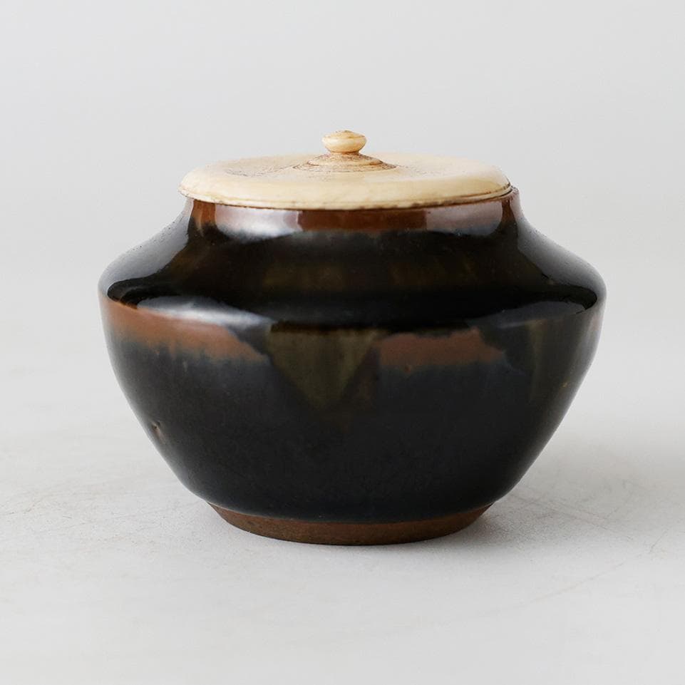 【名品】古瀬戸 茶入 糸切底 時代物 渋い鉄釉 景色抜群 仕覆 蓋付 茶道具合箱