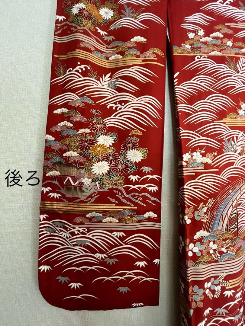 美品　ビッグサイズ　上正絹振袖　サビ朱色地花御所車