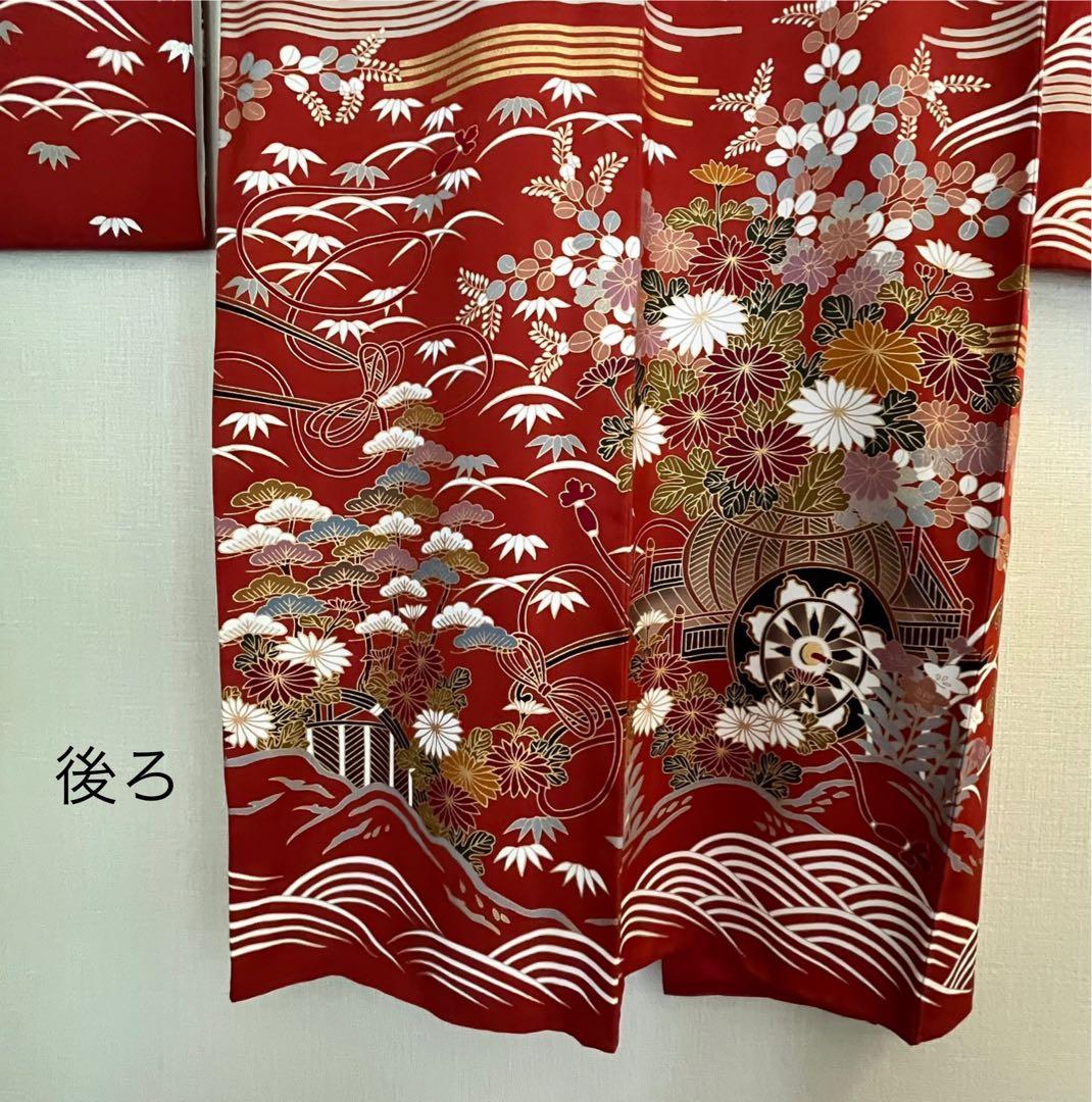 美品　ビッグサイズ　上正絹振袖　サビ朱色地花御所車