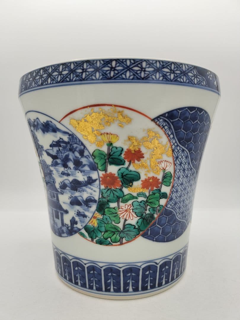 b618 水指 染付 色絵 丸紋ツナギ 四君子紋 西村徳泉 木箱 茶道具 古物