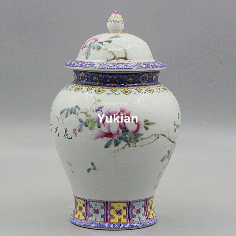 粉彩花開富貴将軍缶 陶磁器 現代工芸品 美術品 装飾品 置物