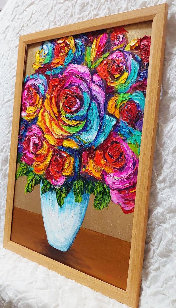 油絵 絵画 レインボーローズ【Ａ3】