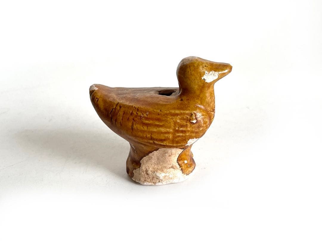 骨董　アンティーク　陶俑　唐時代　家鴨　人形　鳥形俑　黄釉　あひる　唐三彩　発掘