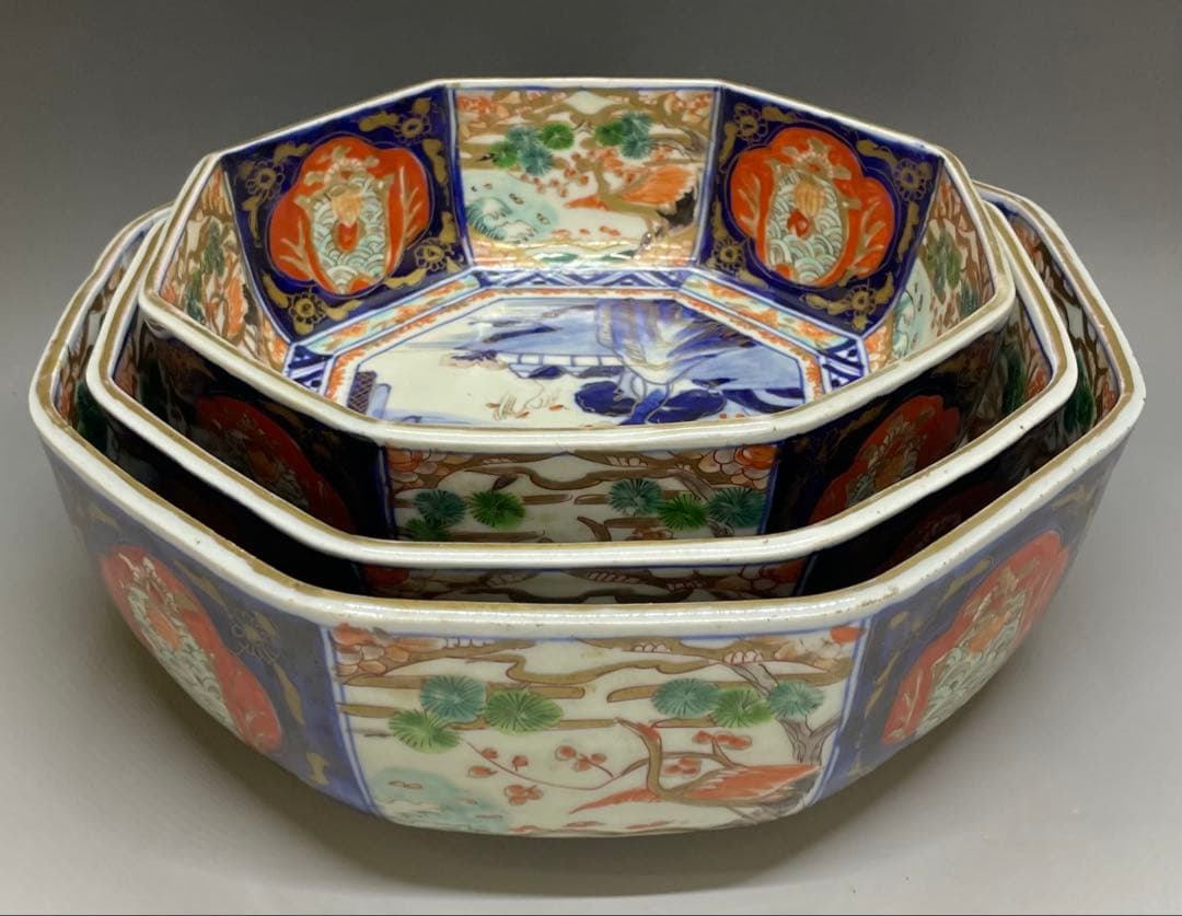 古伊万里　染錦　二重高台　三つ丼　鉢　飾り鉢　D132