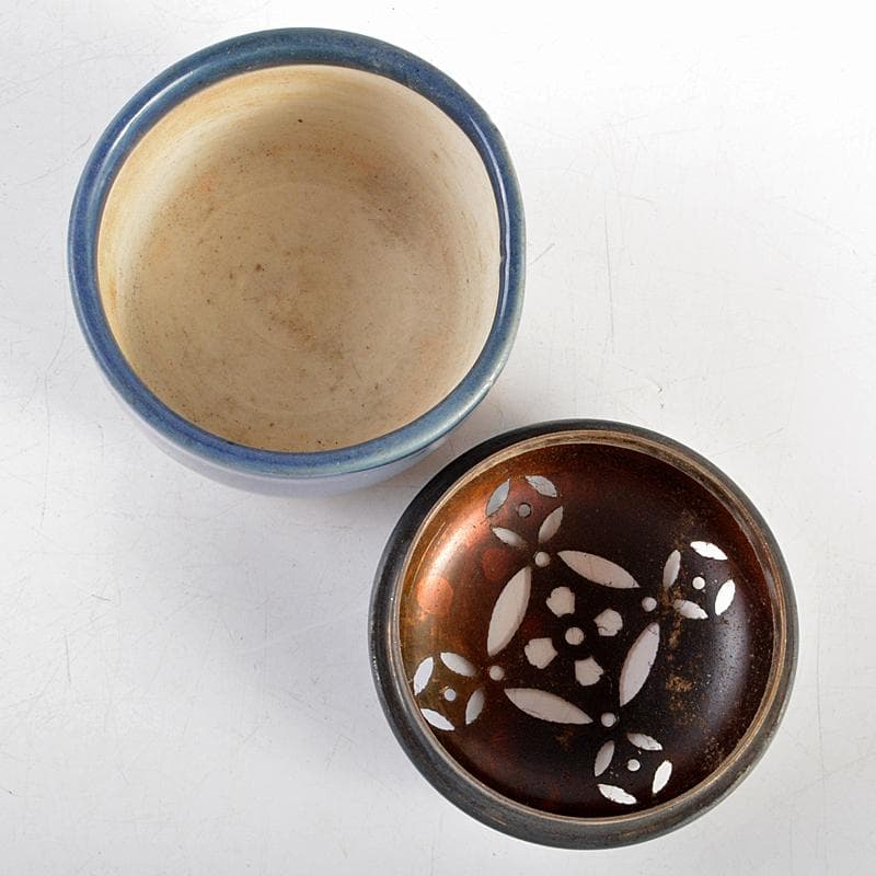 伊万里焼　瑠璃釉　藍釉　三足香炉　透かし純銀火屋　約35g　D　R5940