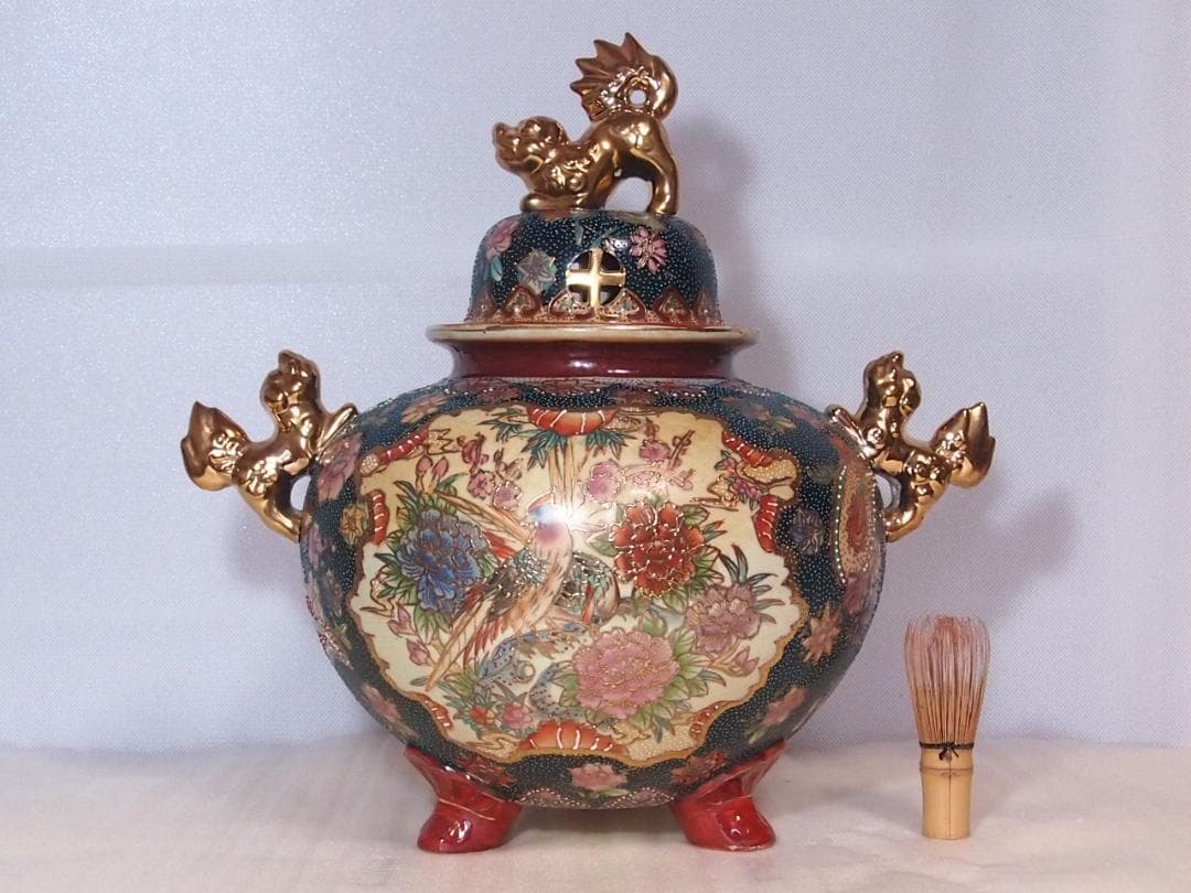 【希少・良品】薩摩焼 青粒金彩 花鳥図 大香炉 陶磁器 古道具/茶道具/香道具