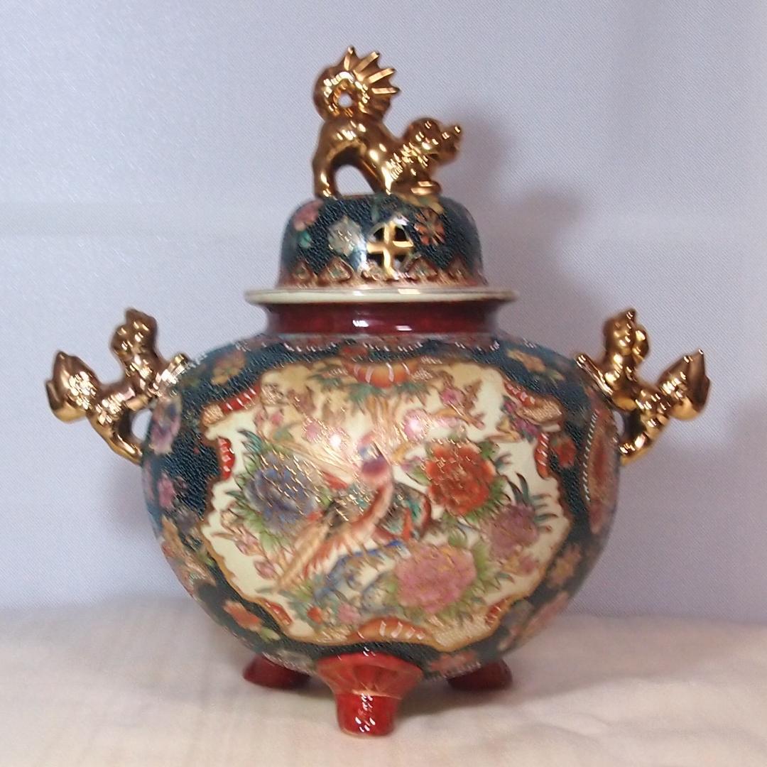 【希少・良品】薩摩焼 青粒金彩 花鳥図 大香炉 陶磁器 古道具/茶道具/香道具