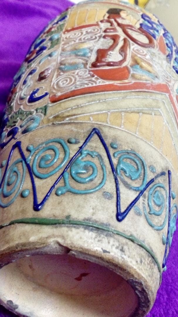 明治時代アンティーク京薩摩焼色絵立体彩色花瓶宮廷図柄古陶磁器当時物