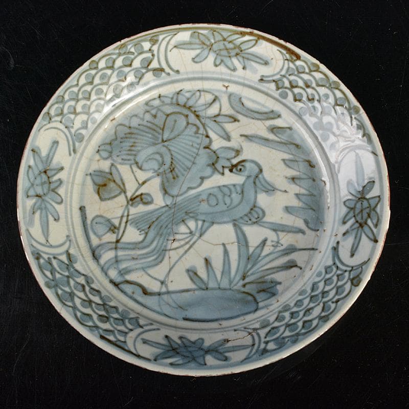 中国　古染付　青花芙蓉手　花鳥文盤　皿　C　R6823