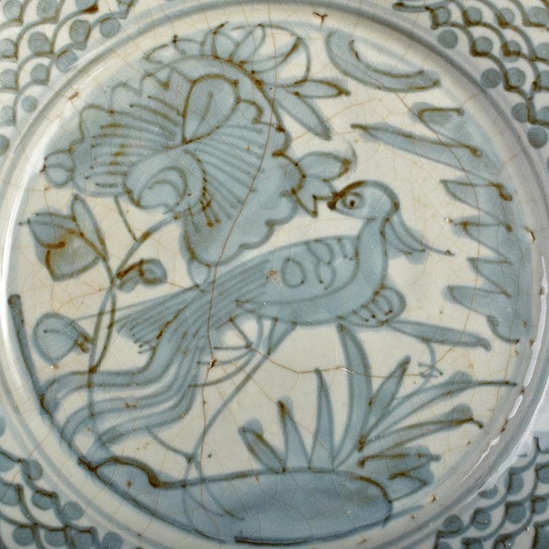 中国　古染付　青花芙蓉手　花鳥文盤　皿　C　R6823