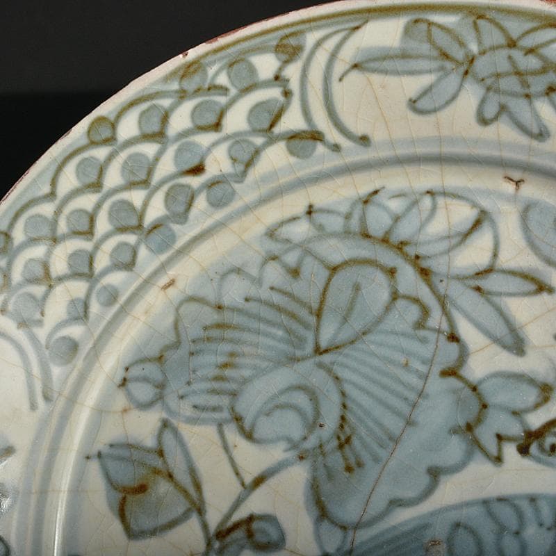 中国　古染付　青花芙蓉手　花鳥文盤　皿　C　R6823