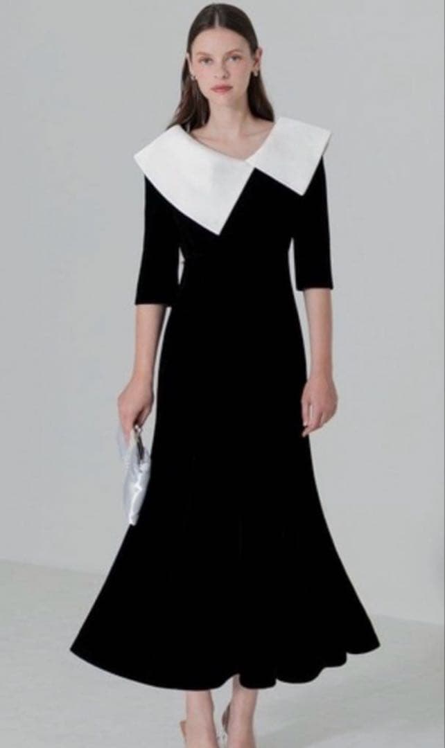 新品【LEJA】配色アシンメトリービッグカラーベロアマーメイドシルエットドレス