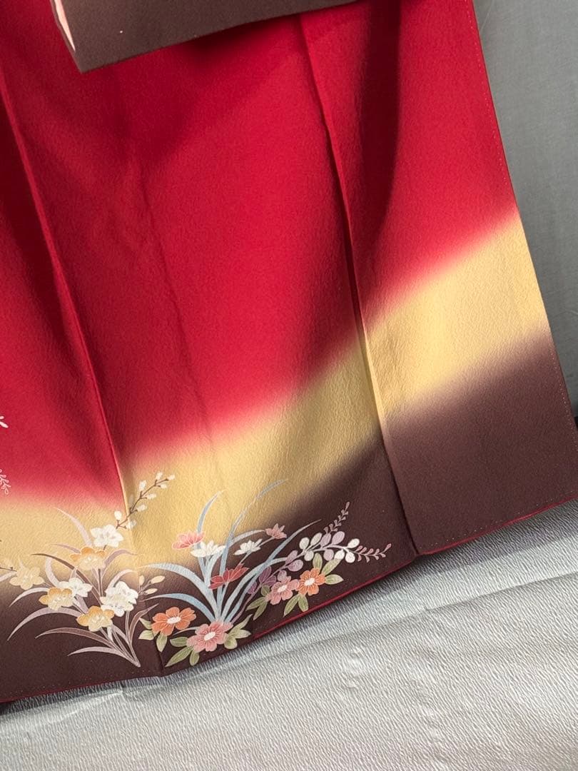 [美品] 振袖　本振袖　正絹　臙脂色　赤　礼装　成人式　卒業式　シンプル　高身長