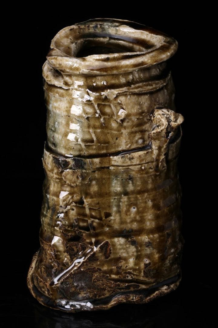 【塚本治彦】美濃伊賀花生 共箱 落款 略歴付 花器 花瓶 花入 壺 美濃 伊賀焼