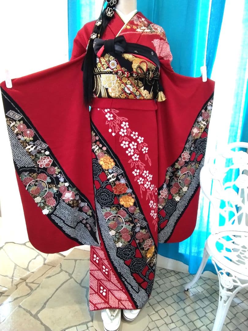 振袖フルセット、正絹絞り振袖成人式、重ね衿帯揚げ帯締め、西陣袋帯襦袢、ガード加工