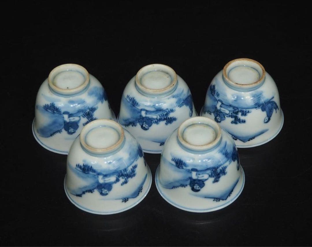 送料無料　二代 三浦 竹泉 造 青華山水漢詩図煎茶碗５客　煎茶道具