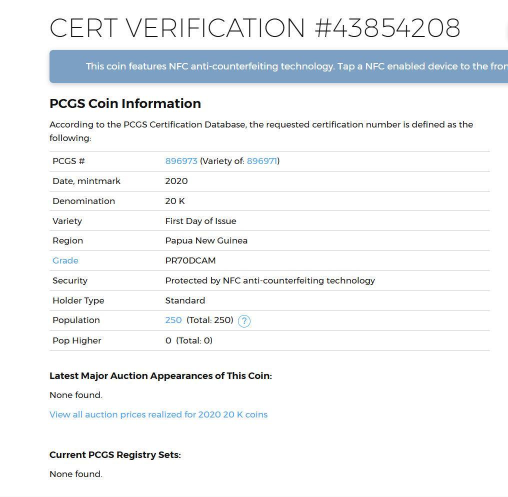 ひこさん専用2020年 パプアニューギニア極楽鳥 20PCGS PR70DCAM