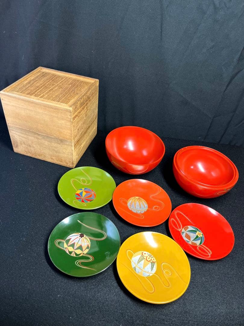 棗『手まり棗』銘々皿×5客セット漆器 天然木製 長期保管品 共箱　茶道具　古道具