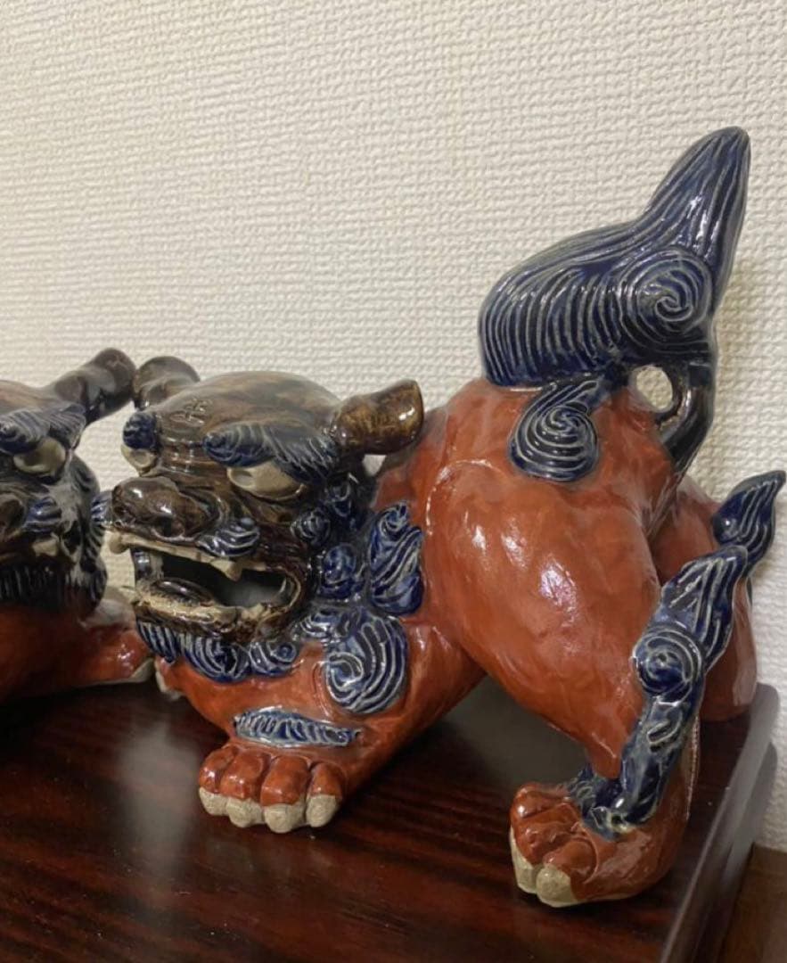 琉球 沖縄　壺屋焼赤絵　陶器獅子威嚇 魔除け　シーサ置物作家物 2點セット希少品