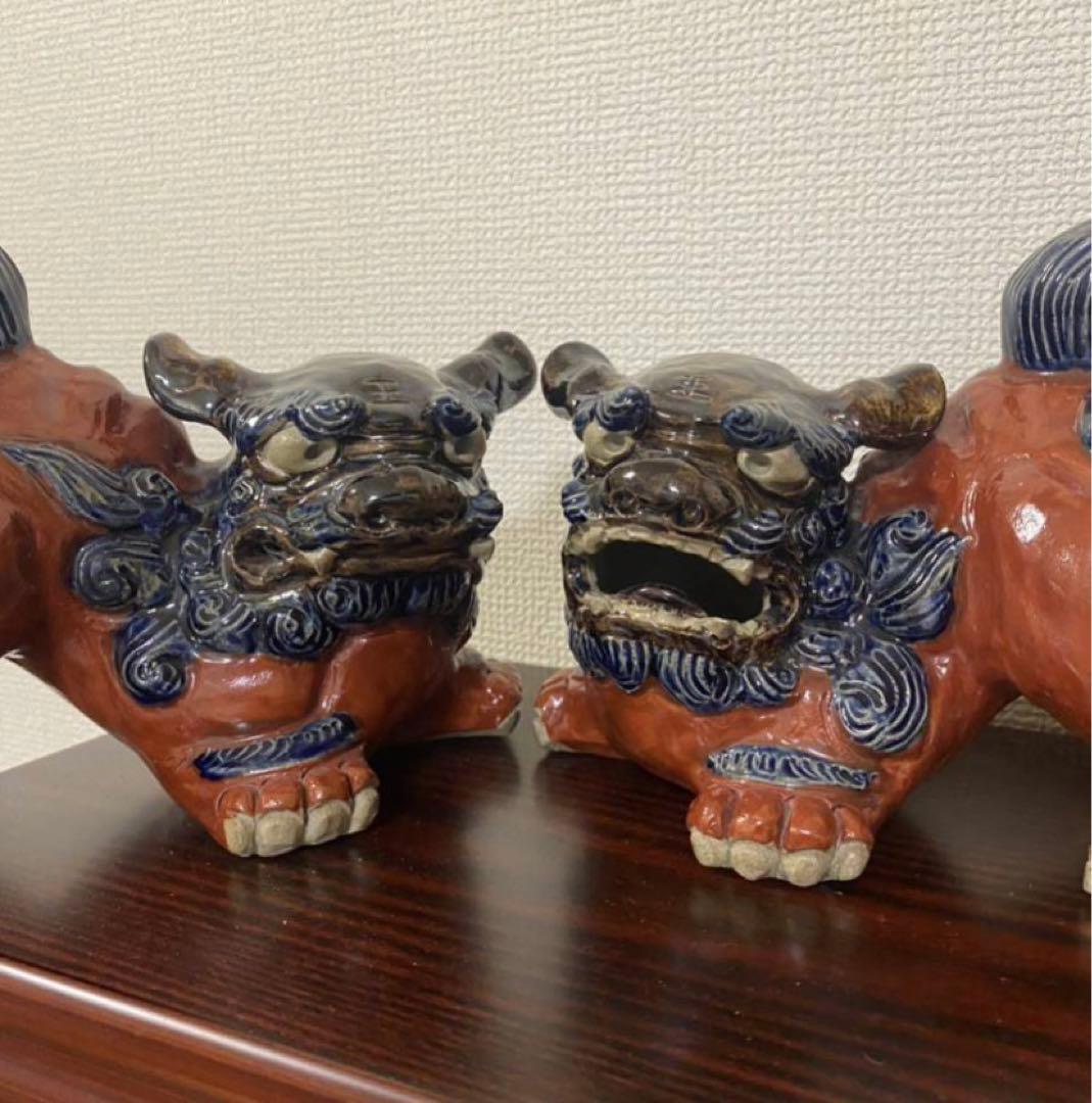 琉球 沖縄　壺屋焼赤絵　陶器獅子威嚇 魔除け　シーサ置物作家物 2點セット希少品