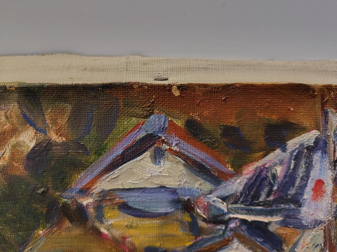 「正月の漁村」A 房州川津浜 F6 '68 油絵 絵画 油彩画 日の丸 国旗