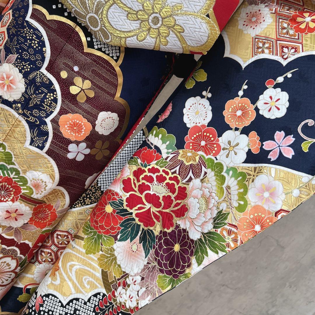 振袖　フルセット　華やか　古典柄　濃い青　豪華　金彩加工　成人式　二十歳
