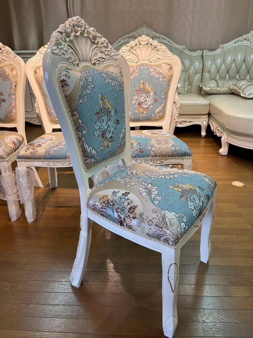 天然木超豪華 ロココ調 アンティーク風 ダイニングテーブルセット7点 机 猫脚