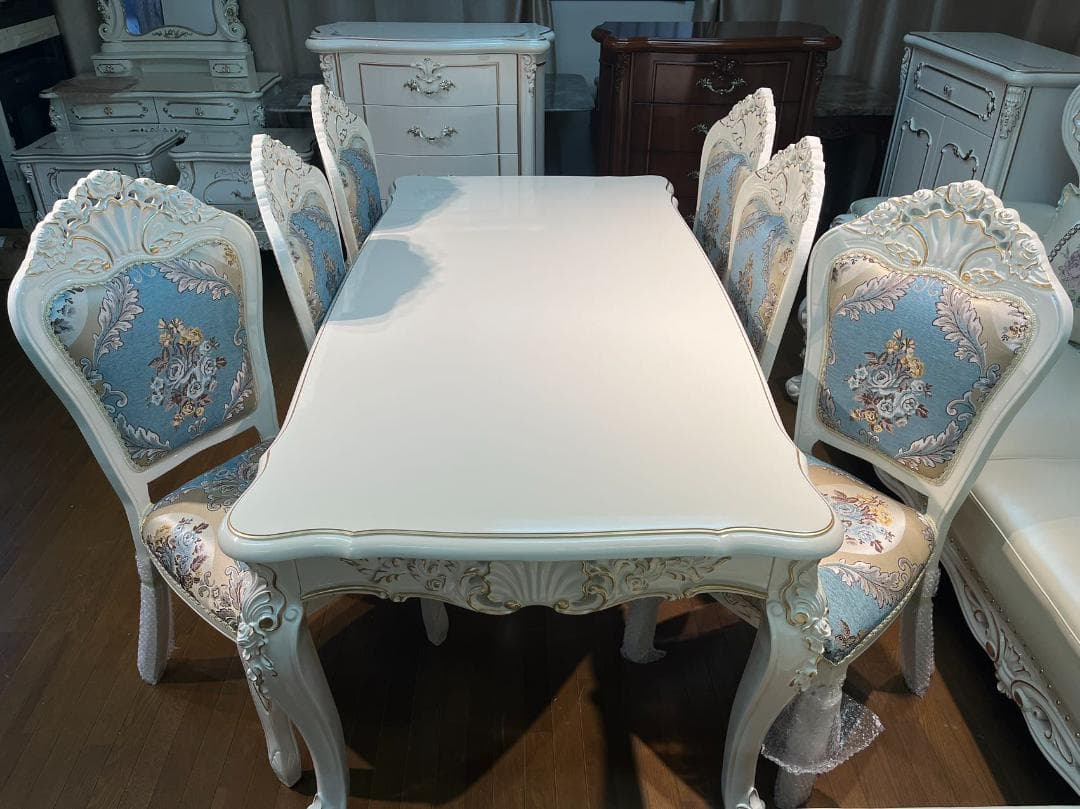 天然木超豪華 ロココ調 アンティーク風 ダイニングテーブルセット7点 机 猫脚