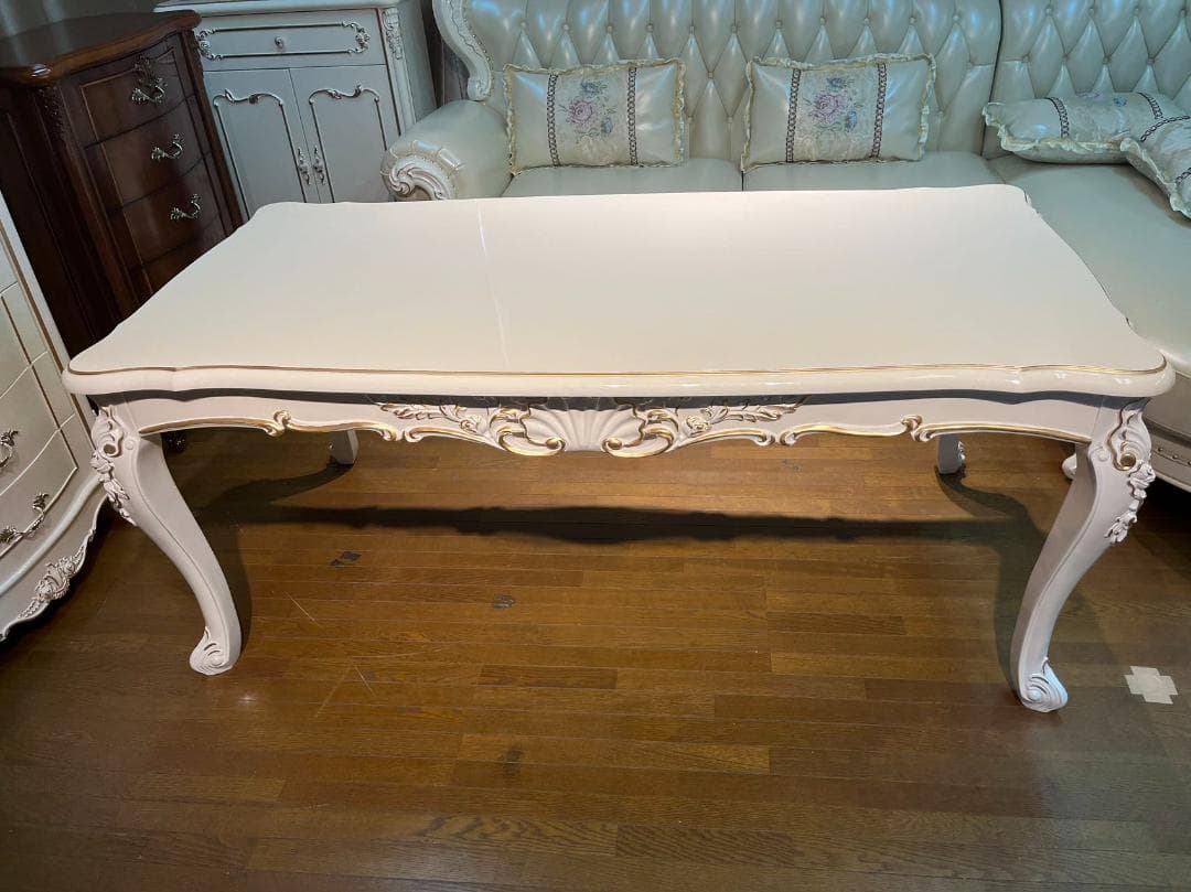 天然木超豪華 ロココ調 アンティーク風 ダイニングテーブルセット7点 机 猫脚