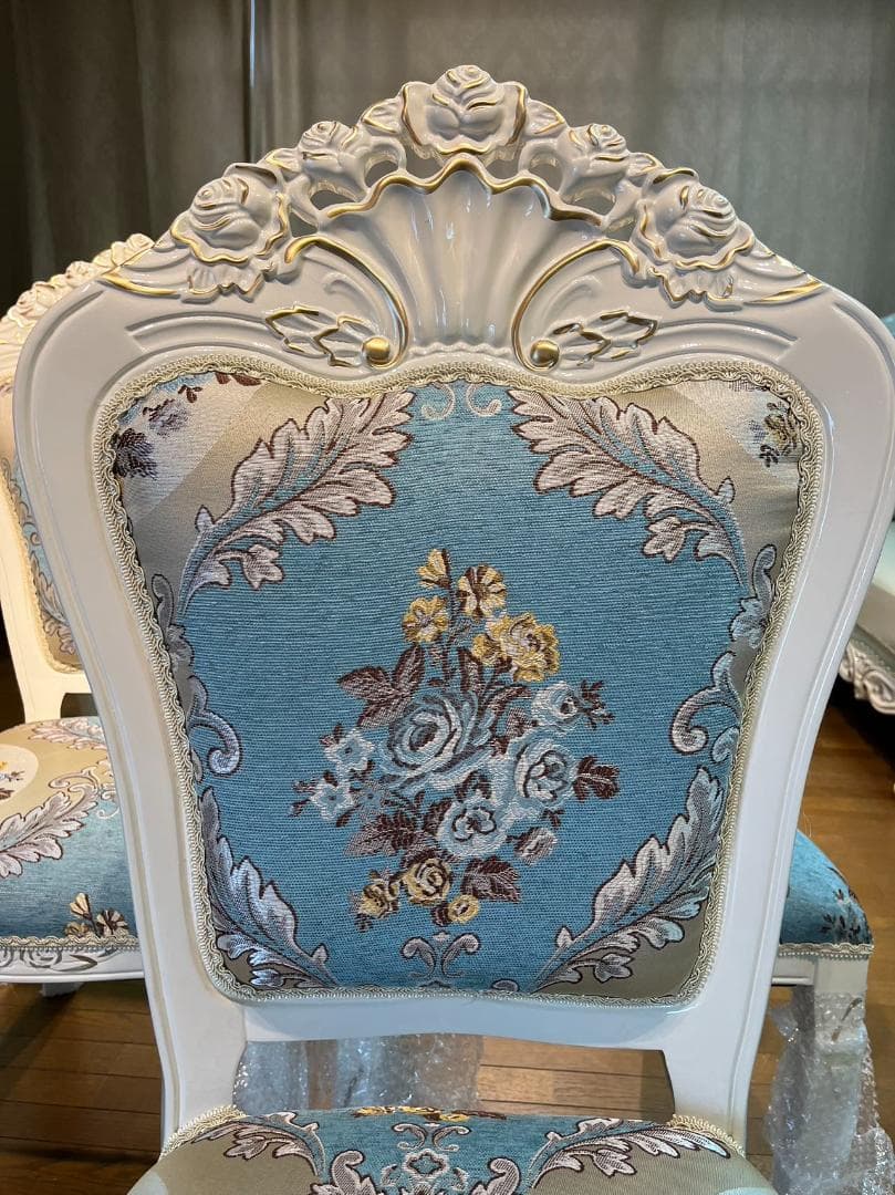 天然木超豪華 ロココ調 アンティーク風 ダイニングテーブルセット7点 机 猫脚