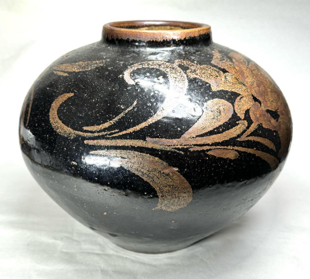 金～元時代・13～14世紀 「河南天目」 黒釉褐彩牡丹文大壷 WWTT131