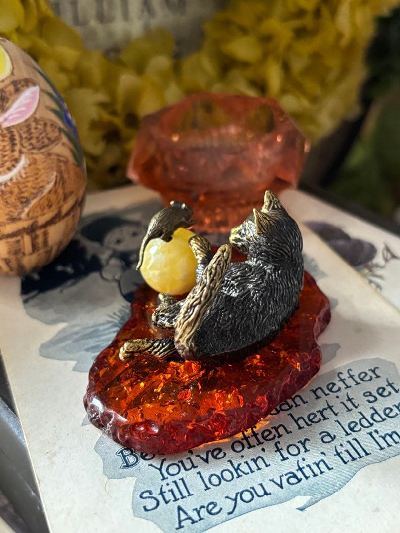 入手困難◆新品◆ロシア製ブロンズと琥珀、猫とネズミ